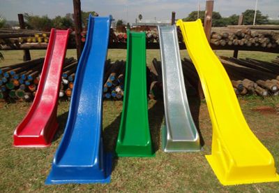 Fibreglass slides in red, blue, green, silver and yellow